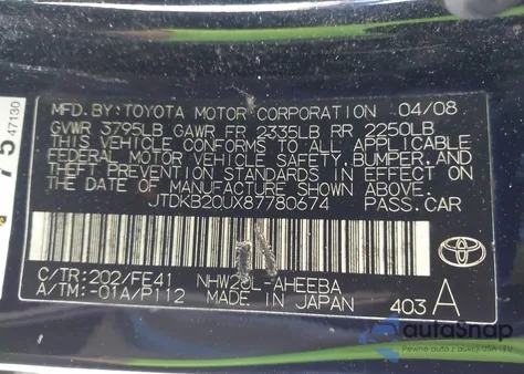 2008 Toyota Prius из США, поврежденный, VIN JTDKB20UX87780674